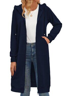 Women's Dark Blue Zip Up Hoodies Oversized Fleece Long Sleeve Tunic Sweatshirts